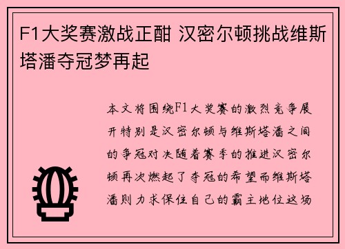 F1大奖赛激战正酣 汉密尔顿挑战维斯塔潘夺冠梦再起